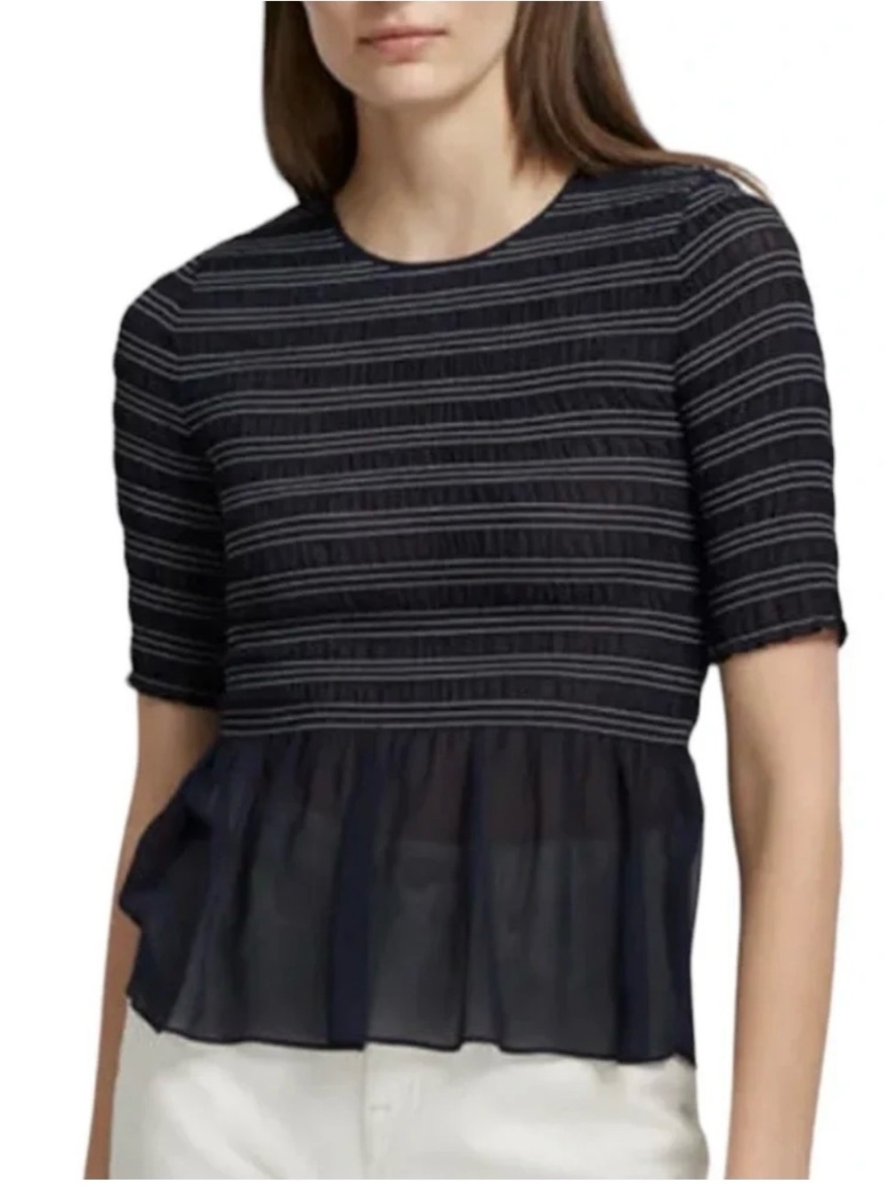Club Monaco Luceenie Sheer Peplum Top Navy Stripe Size S